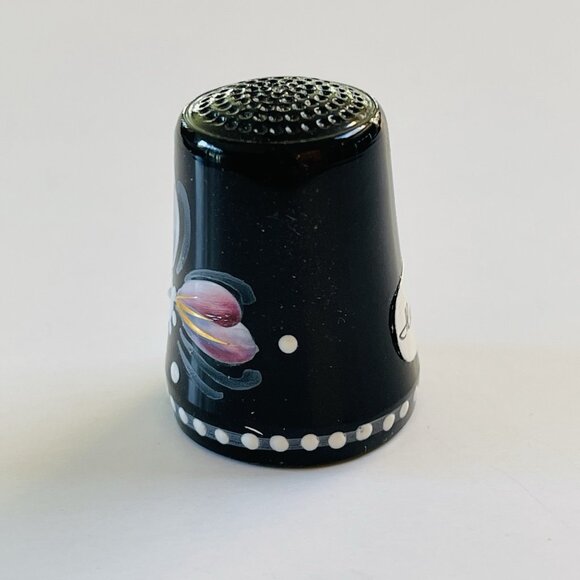 Black Floral Thimble Vintage Ceramic Hand Painted Flower Western Germany Gift - Picture 2 of 6